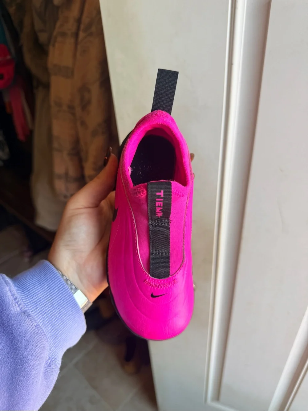 Nike Kids' Slip-On Soccer cleat in Hot Pink with Black Swoosh 10C